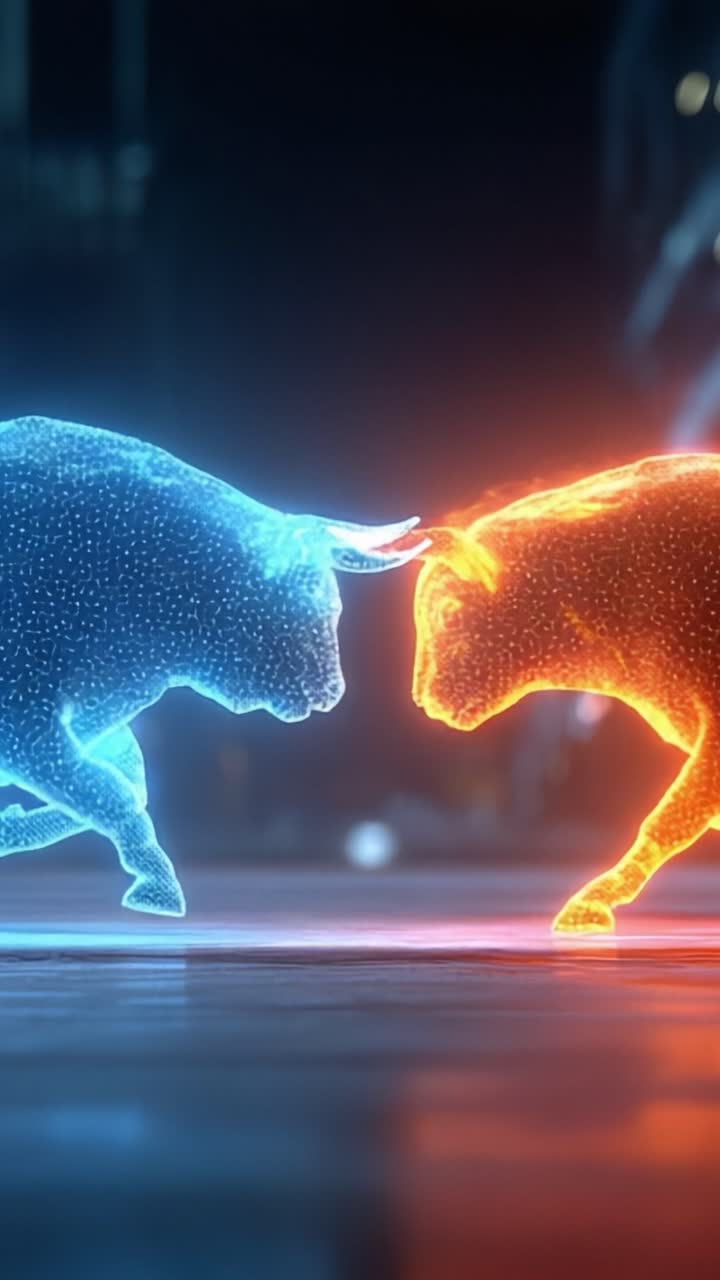 Renderizado dinámico de dos siluetas de toros enfrentados en azul y naranja luminosos, que muestra el choque de energías en un entorno futurista