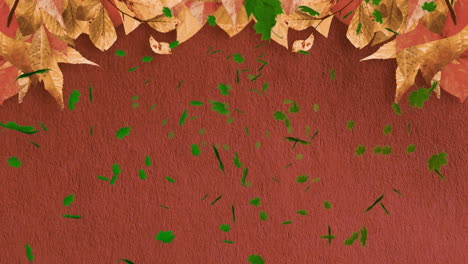 multiple autumn maple leaves falling over leaves and copy space against brown background