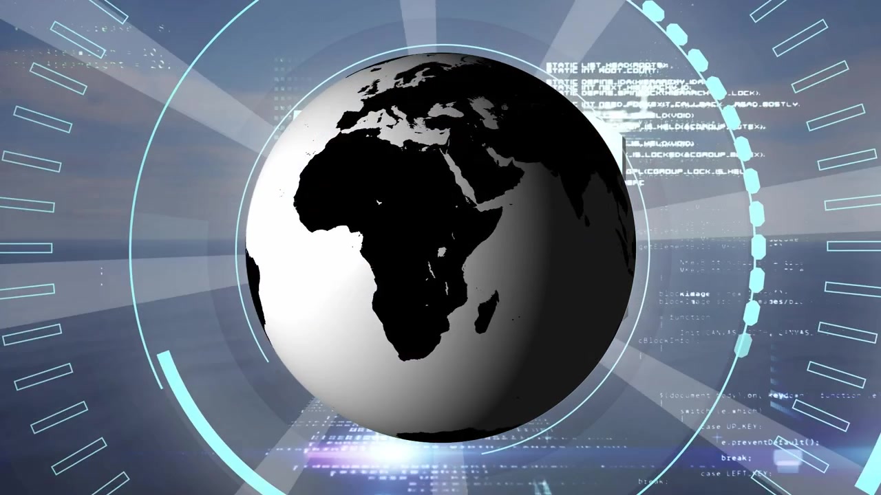 Animation of rotating black and white globe, abstract patterns, programming language in background