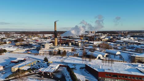 cinematic drone shot of industrial landscape, steam coming out of chimney, silute, lithuania