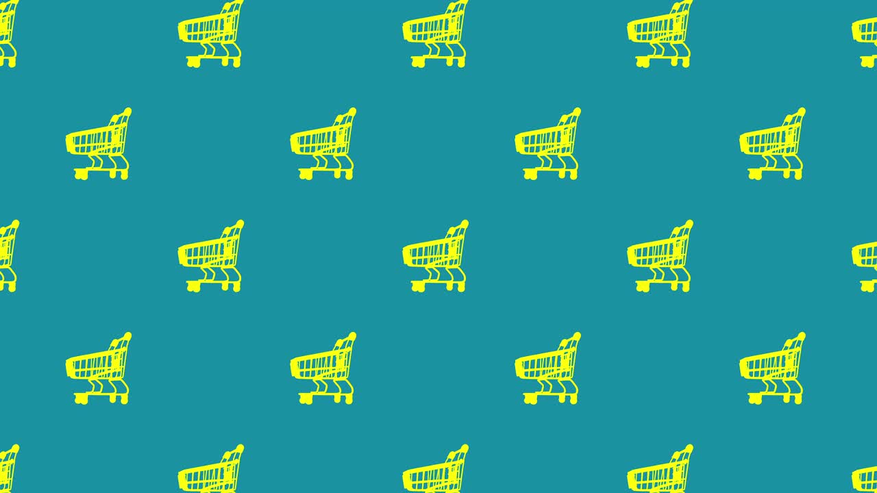 animación sin costuras psicodélica con muchos carros de compras metálicos vacíos multicolores. patrón de publicidad, vista lateral, espacio de copia
