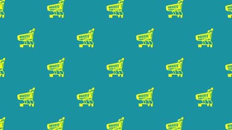 animación sin costuras psicodélica con muchos carros de compras metálicos vacíos multicolores. patrón de publicidad, vista lateral, espacio de copia