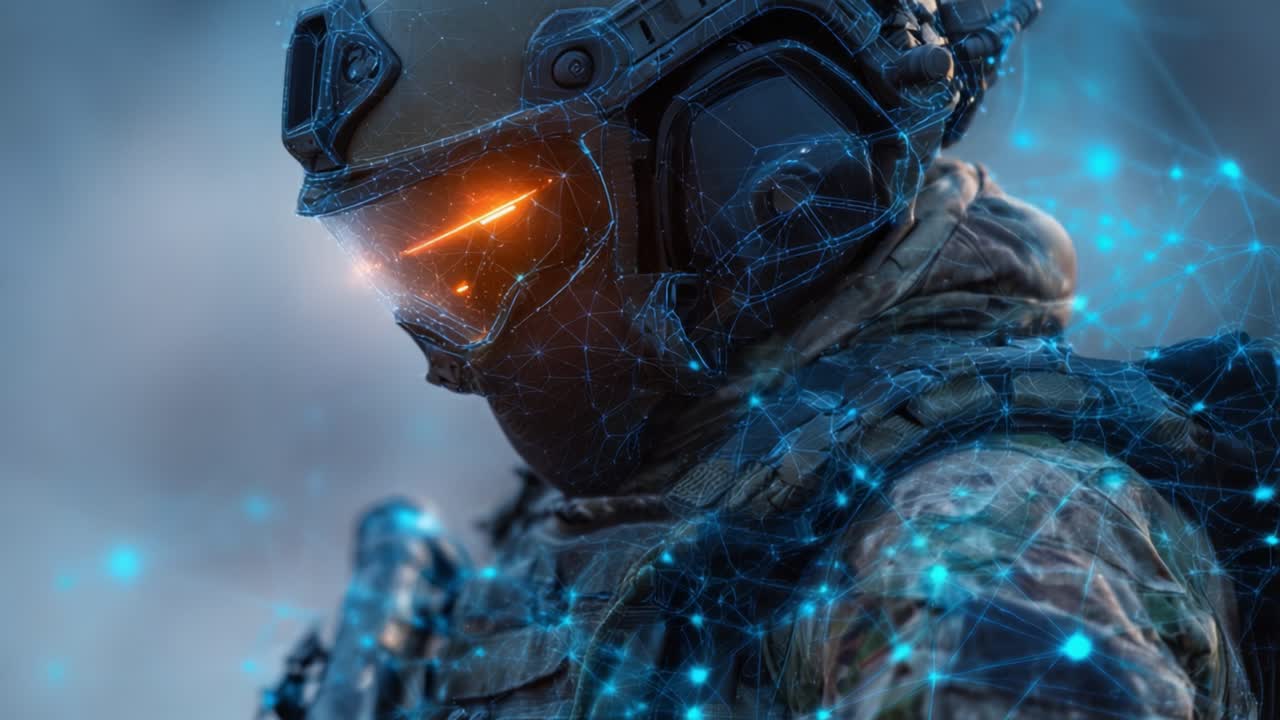 Un soldato futuristico in equipaggiamento tattico è pronto, illuminato da motivi digitali e occhi luminosi, fondendo tecnologia e abilità militare in una rappresentazione ipnotizzante