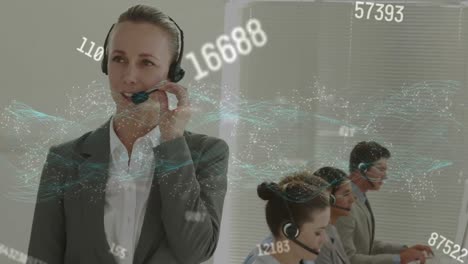 Animation-of-networks-of-connections-over-business-people-wearing-phone-headsets