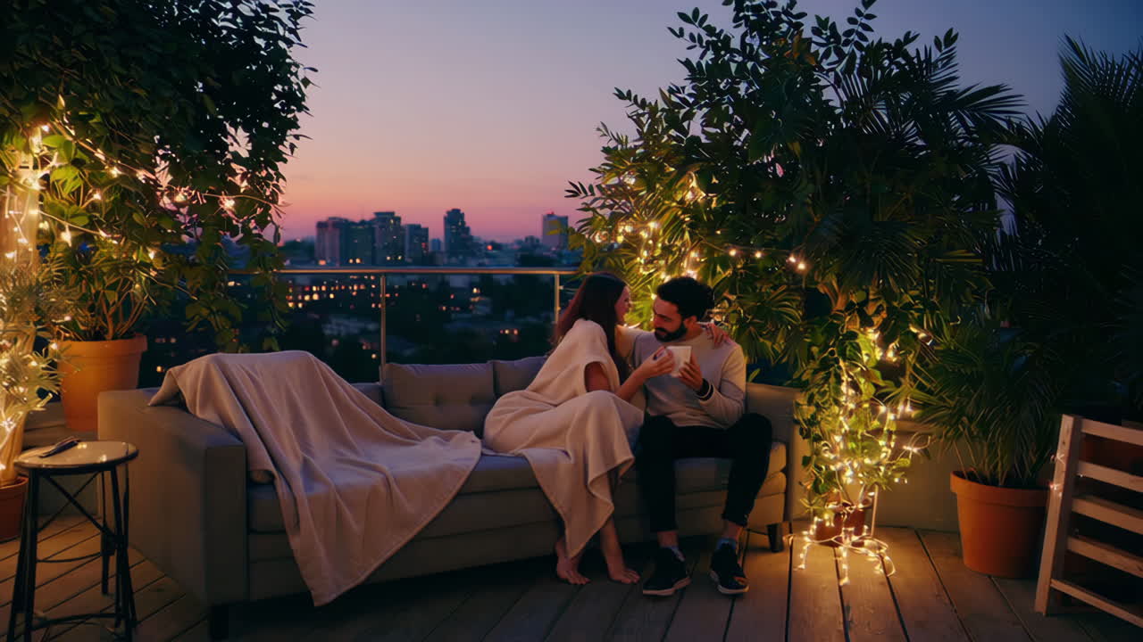Couple enjoying drinks on a rooftop at sunset