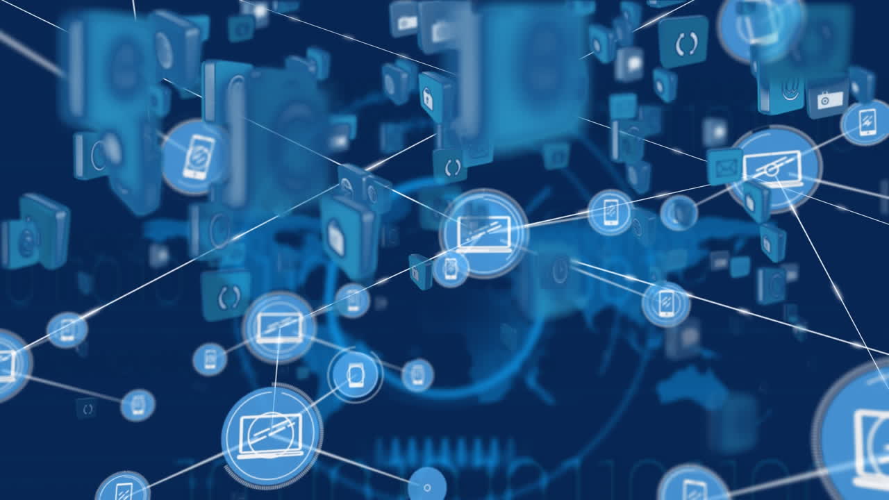 redes de animación de conexiones e iconos sociales con círculos azules en el fondo