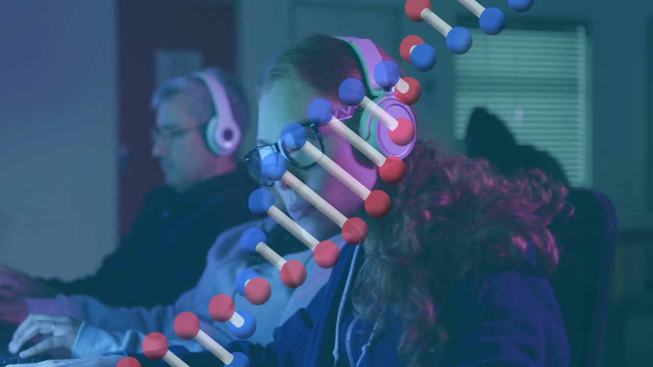 Team wearing headsets typing on keyboards in gaming hub, featuring floating DNA graphic