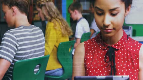 Animation-of-data-processing-over-biracial-girl-using-digital-tablet-and-smiling-at-school