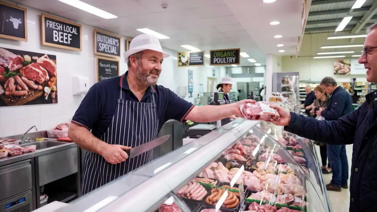 Butcher Serving Customer in Meat Department