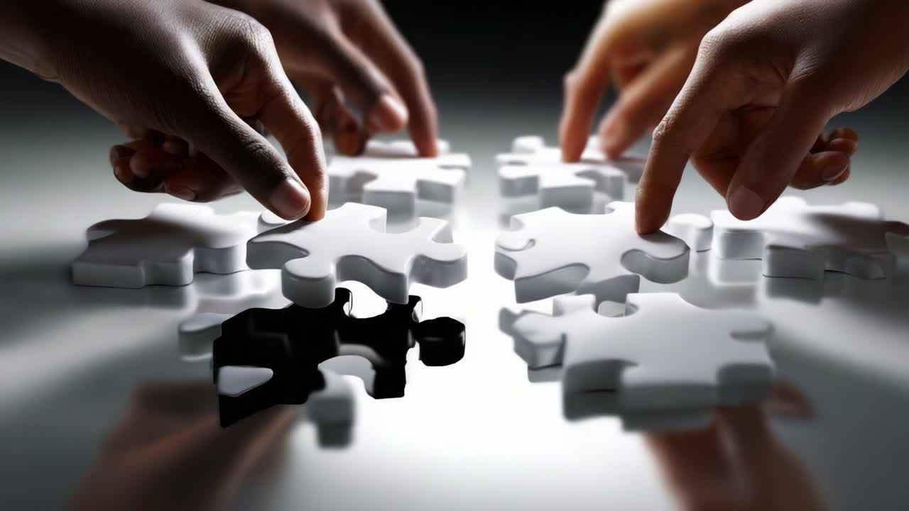 A captivating visual representation of collaboration and problem-solving, featuring diverse hands working together to complete a jigsaw puzzle with missing pieces. Unity and interaction emphasized