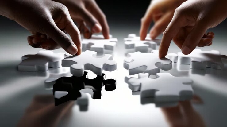 A captivating visual representation of collaboration and problem-solving, featuring diverse hands working together to complete a jigsaw puzzle with missing pieces. Unity and interaction emphasized