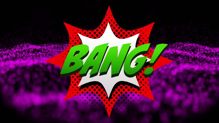 Animazione del testo "bang" su punti viola su sfondo nero