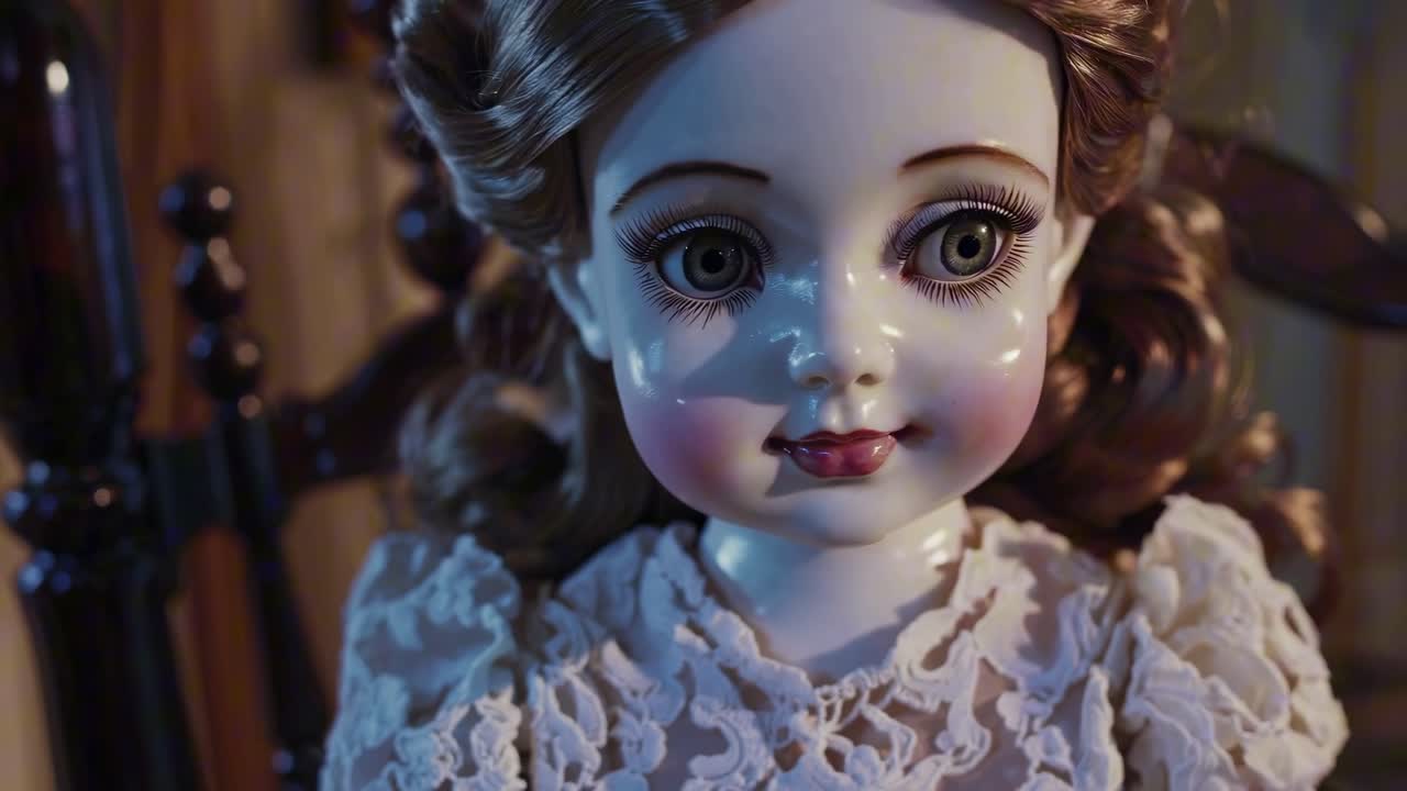 Close-up of a vintage porcelain doll with intricate lace dress, captured in warm lighting