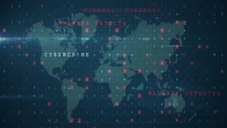 cybersecurity alerts and data processing animation on world map display