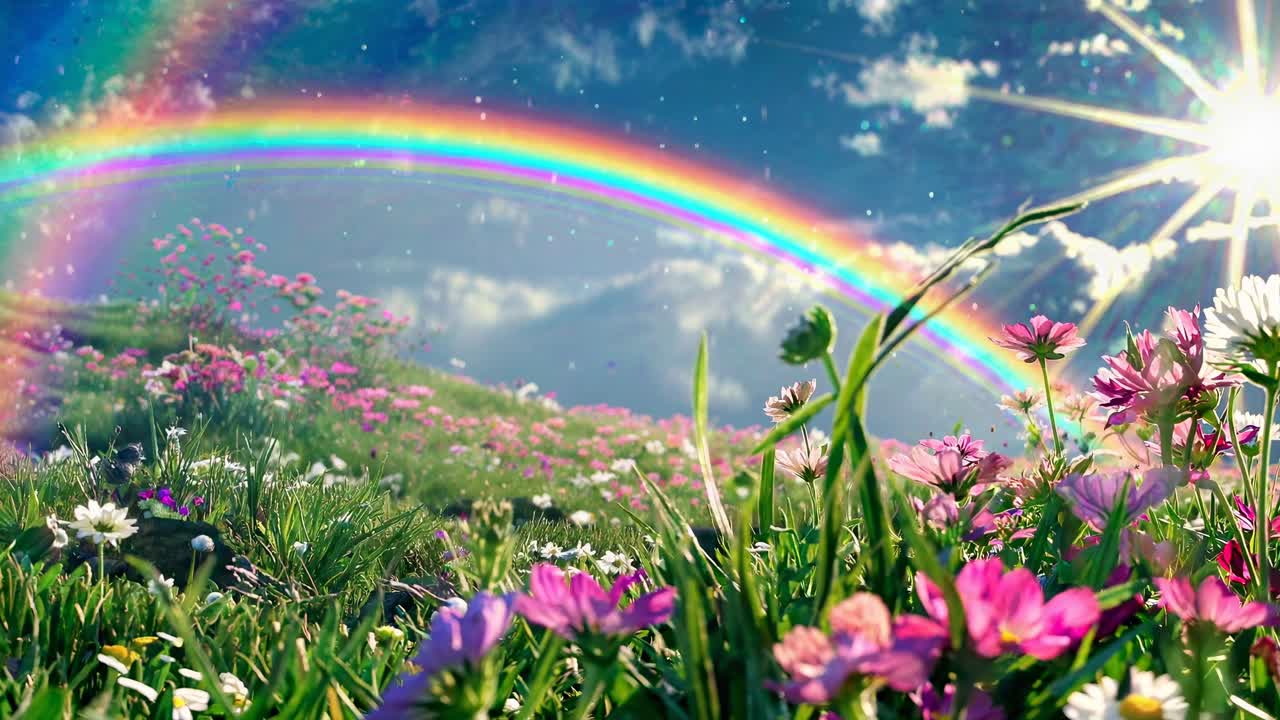 Vibrant video concept of a blooming meadow with a rainbow and sunburst