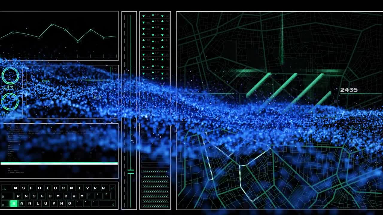 Animations of digital interface and blue wave on dark background