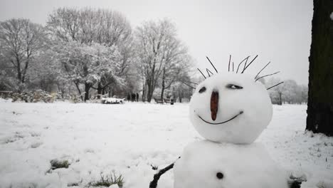 Lindo-Muñeco-De-Nieve-Construido-Por-Personas-En-Un-Hermoso-Paisaje-Invernal