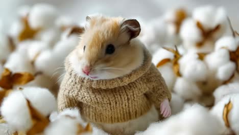 a hamster wearing a sweater sitting in a pile of cotton