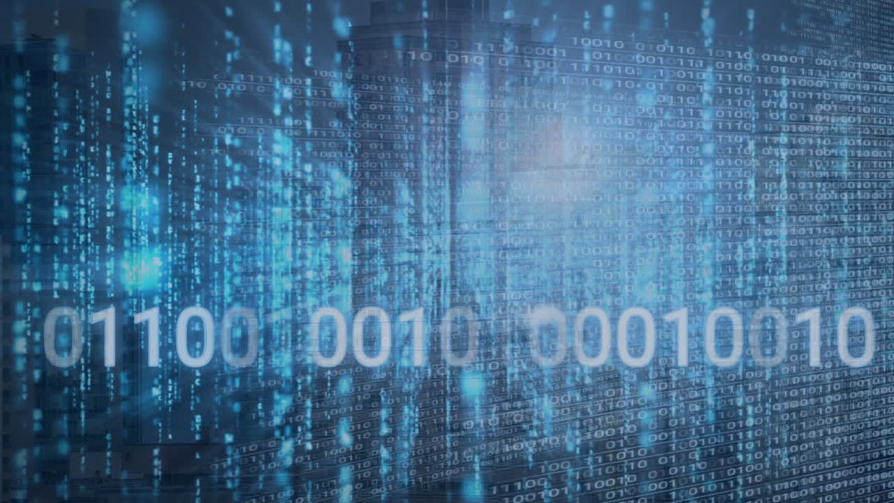 Animation of illuminated binary codes moving on abstract background