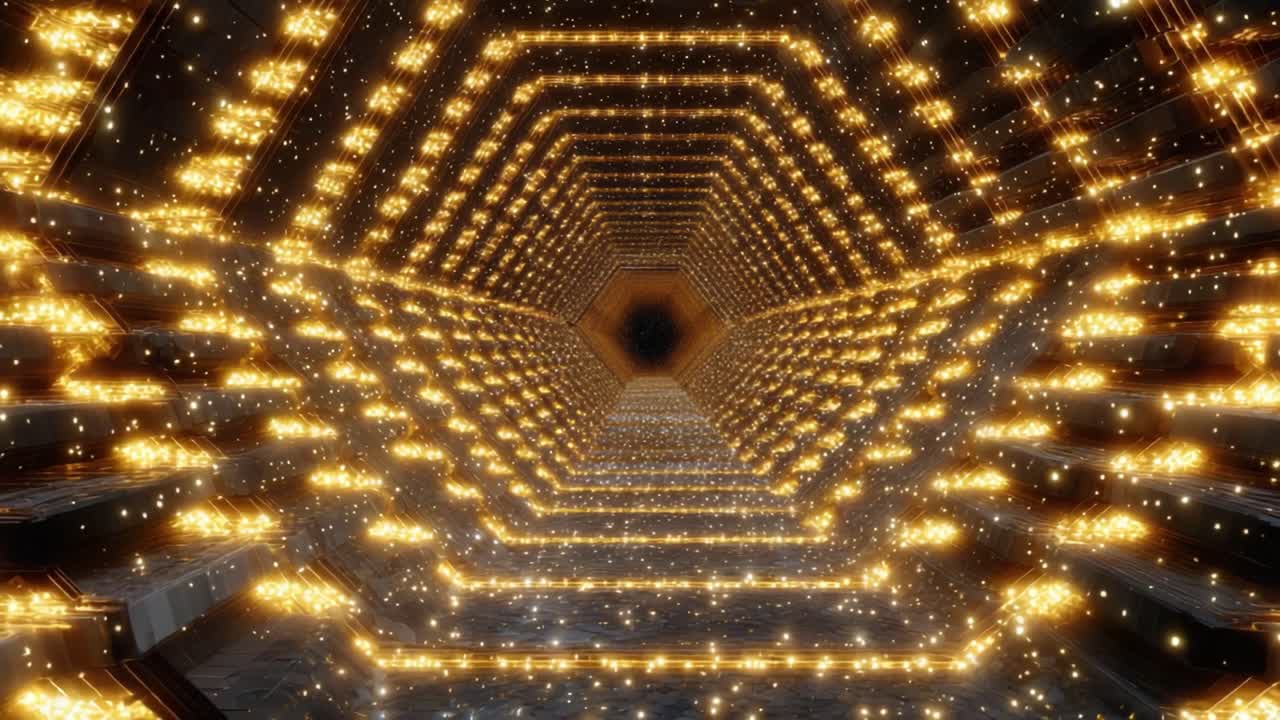 Mesmerizing Journey Through a Vibrant Hexagonal Tunnel of Light and Stars, Where Technology Meets Imagination in an Endless Digital Space