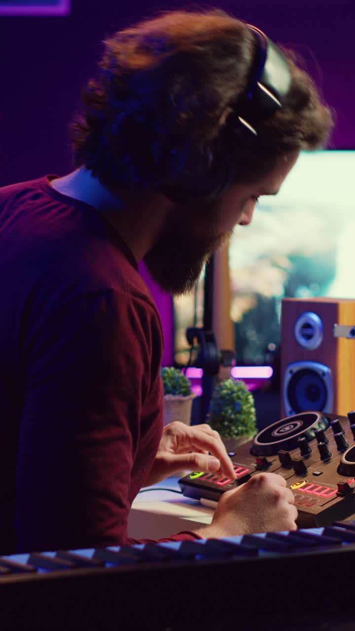 Uomo che mixa musica su controller DJ e tastiera in uno studio domestico