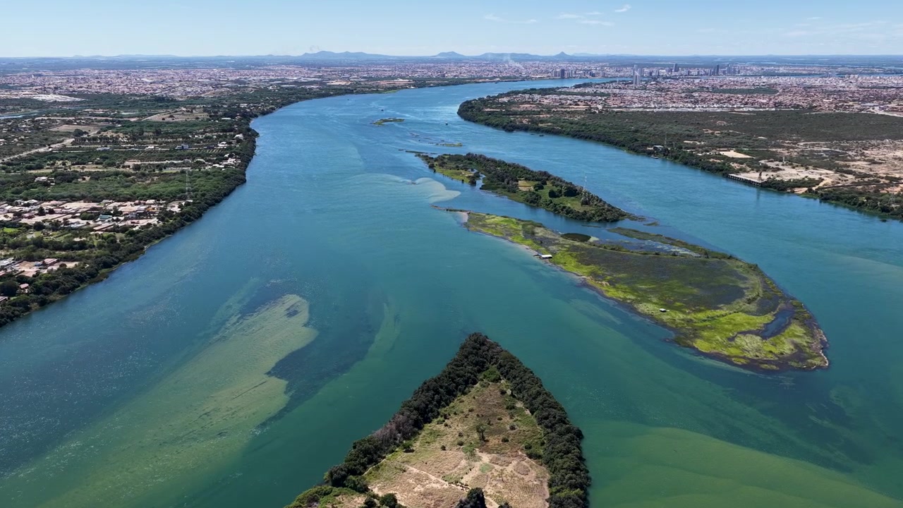 Fiume São Francisco a Petrolina, Pernambuco, Brasile. Il più grande fiume del Nord-Est. Isole di Massangano e Rodeadouro. Alberi della foresta naturale. Fiume São Francisco a Petrolina, Pernambuco. Spiaggia fluviale.