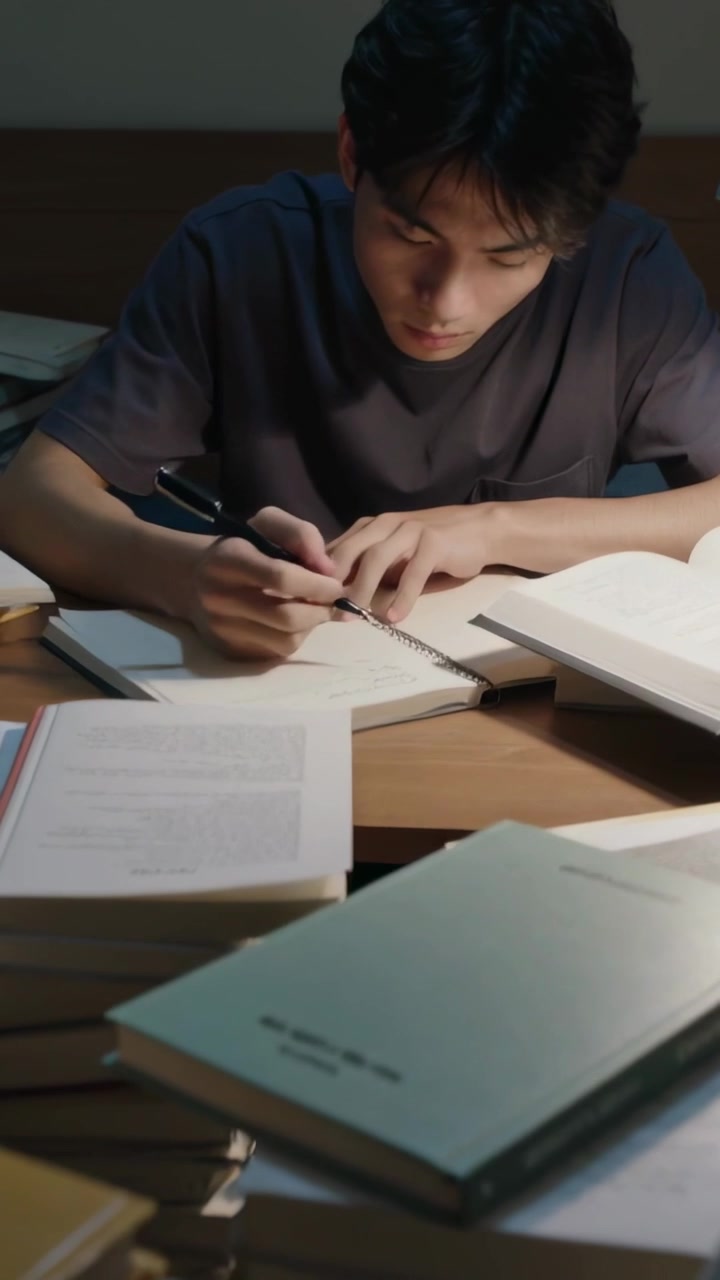 Vertical video: Leaning man in tee turning page taking notes in notebook studying at desk