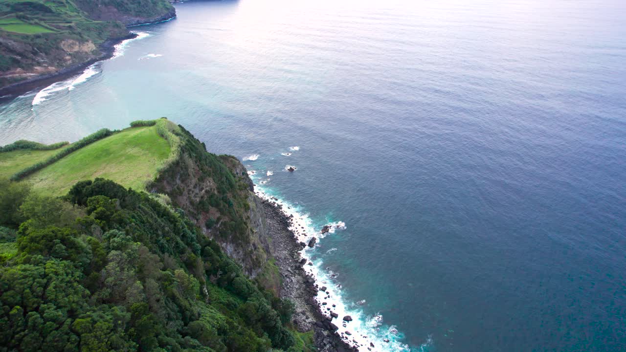 Ariel shot of drone flying above seashore of São Miguel Island in Portugal