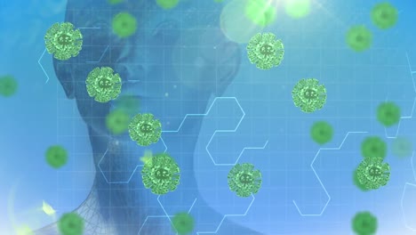 Animation-Von-Viruszellen-über-Menschlichem-Modell-Auf-Blauem-Hintergrund