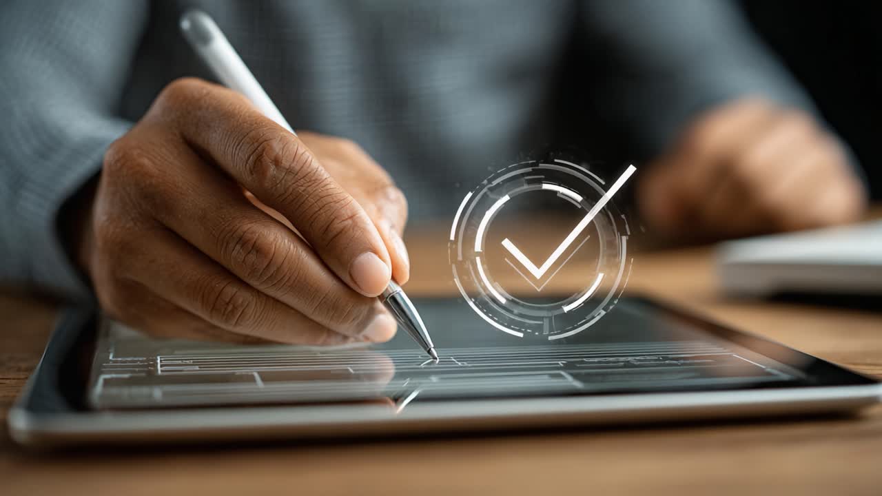 A Close-Up of a Hand Using a Stylus to Make Corrections on a Digital Tablet, Featuring a Check Mark Symbol for Confirmation and Completion of Tasks