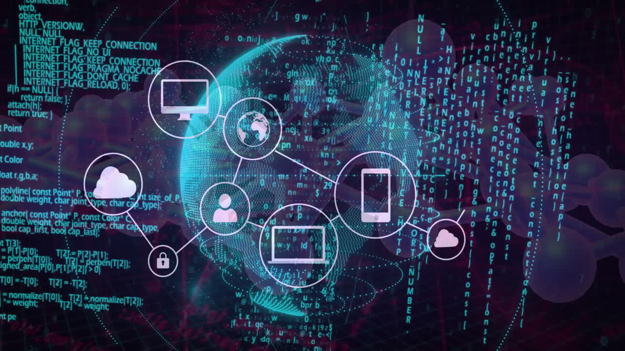 Digital network icons and binary code animation over globe and data streams