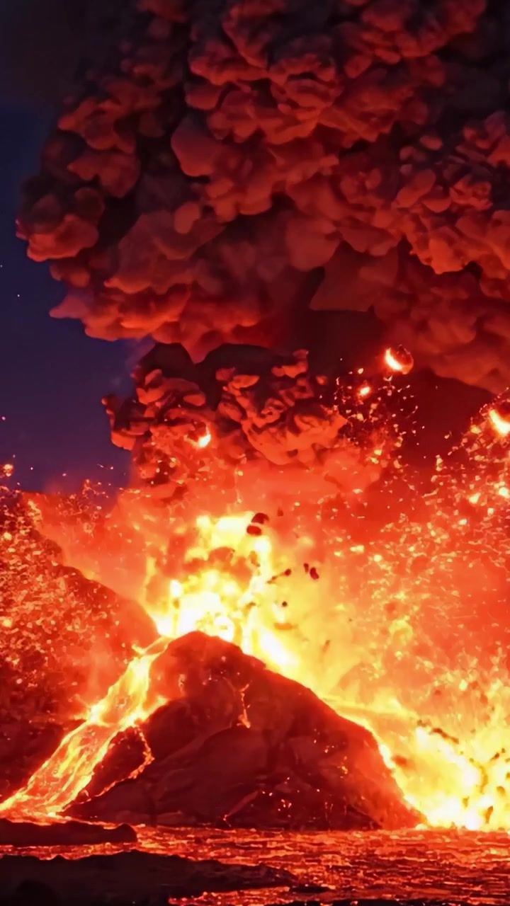 A breathtaking sequence showcasing a volcanic eruption, where molten lava cascades down the sides of the mountain amid towering clouds of ash and smoke lighting up the night sky.