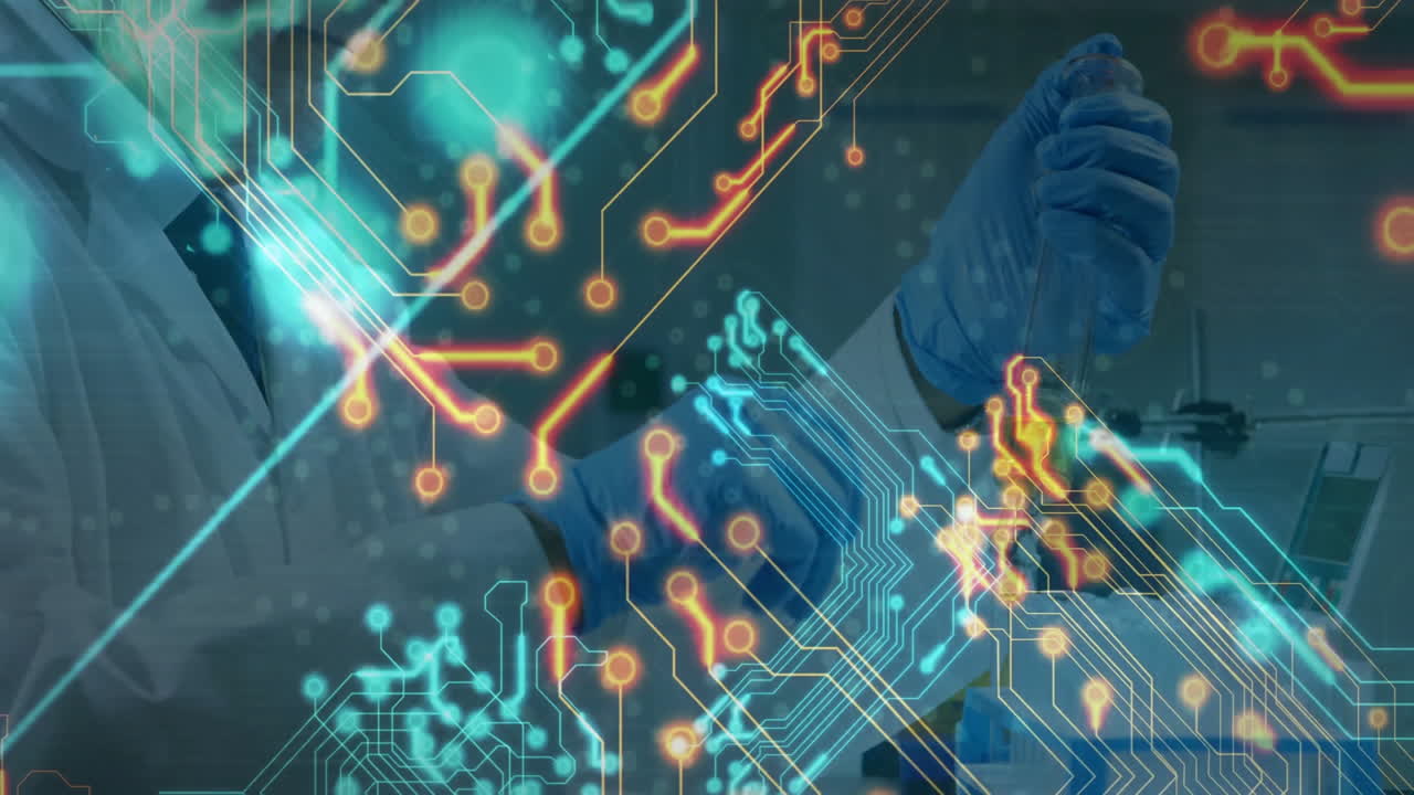 Scientist in laboratory processing scientific data with animation on equipment screen