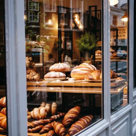 A cozy bakery window display shot from a street-level angle, showcasing fresh bread and pastries