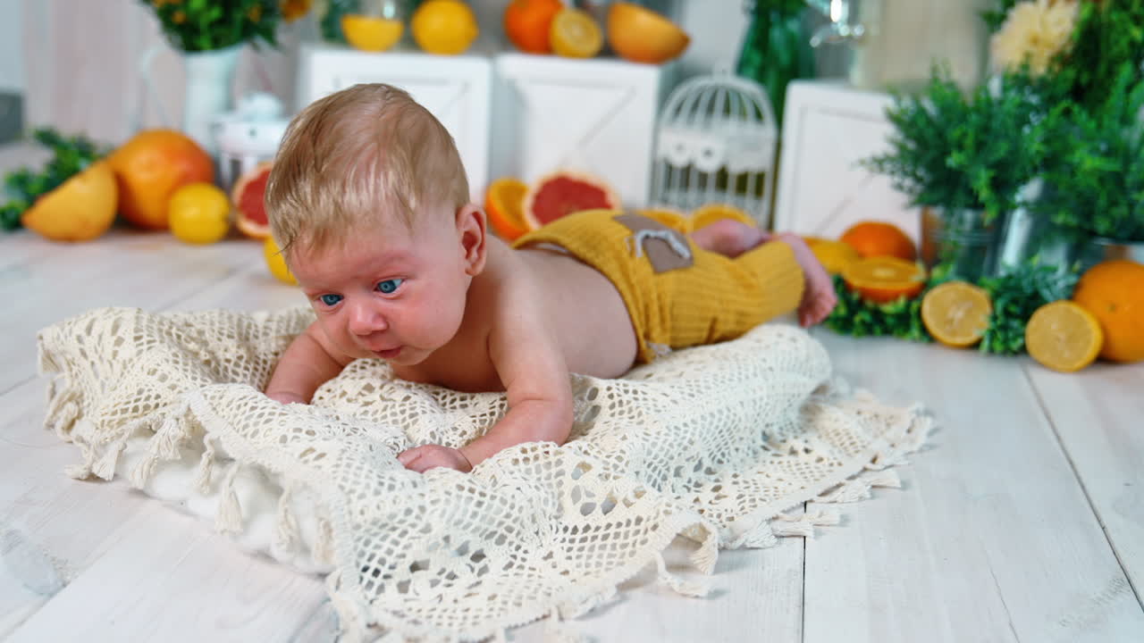 Lovely baby boy in yellow pants lying on the knitted plaid. Caucasian infant trying to hold his head up. Oranges at backdrop.