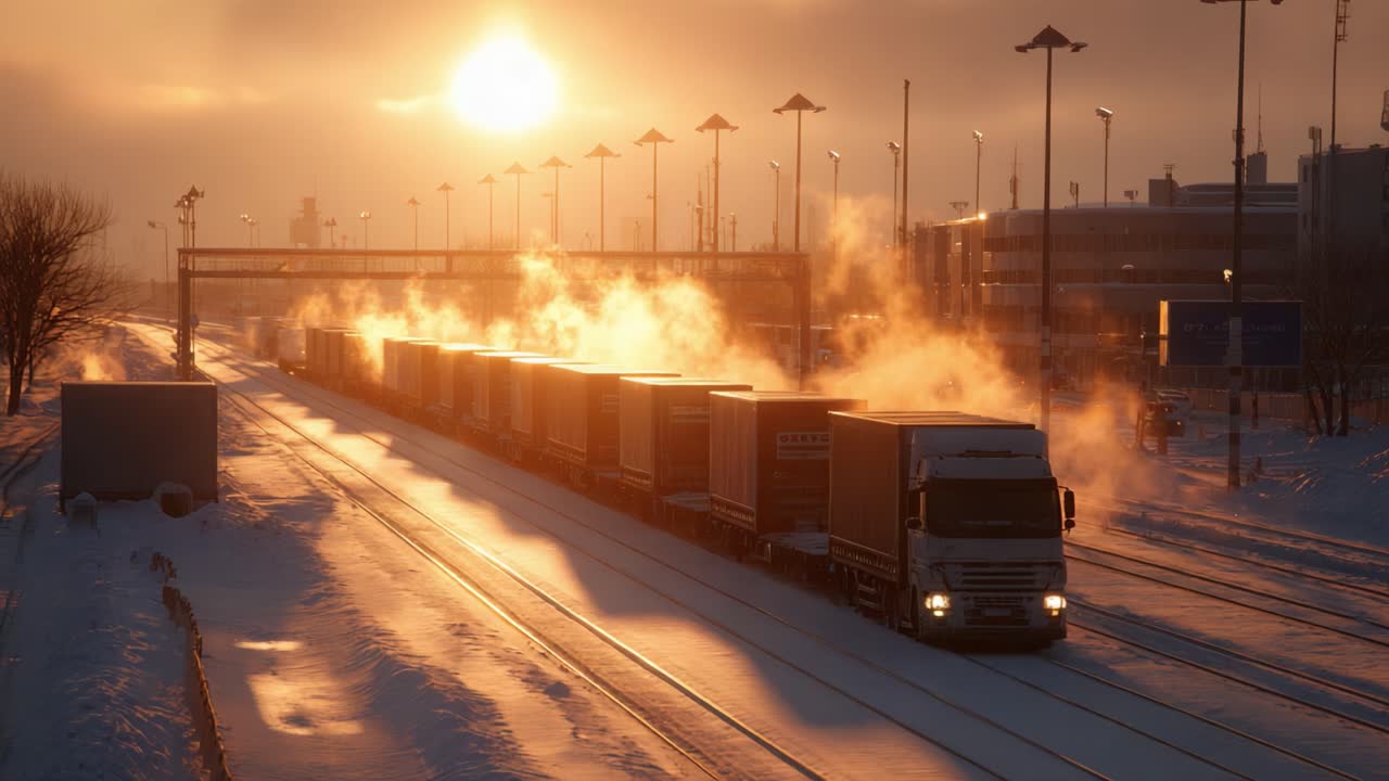 Trucks Navigating Winter Freight Yard at Sunrise, Showcasing Steam Rising Amidst Snowy Landscape and Glowing Horizon, Reflecting Industry's Resilience in Harsh Conditions