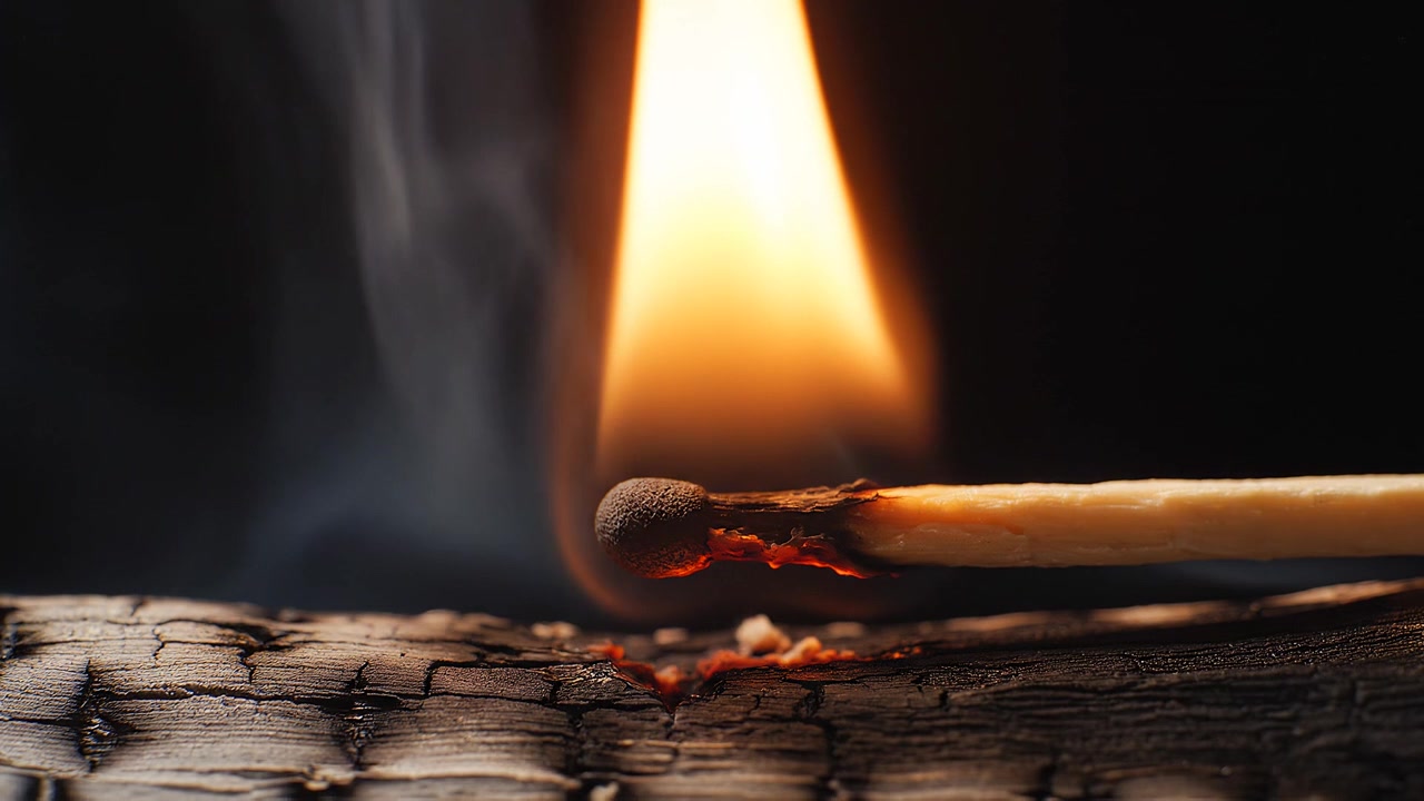 Fiammifero acceso con fiamma arancione e fumo su legno carbonizzato