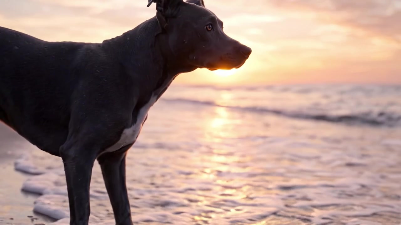 Una serena passeggiata serale: un cane scuro passeggia lungo la riva, godendosi le dolci onde e i bellissimi riflessi del tramonto sull'oceano