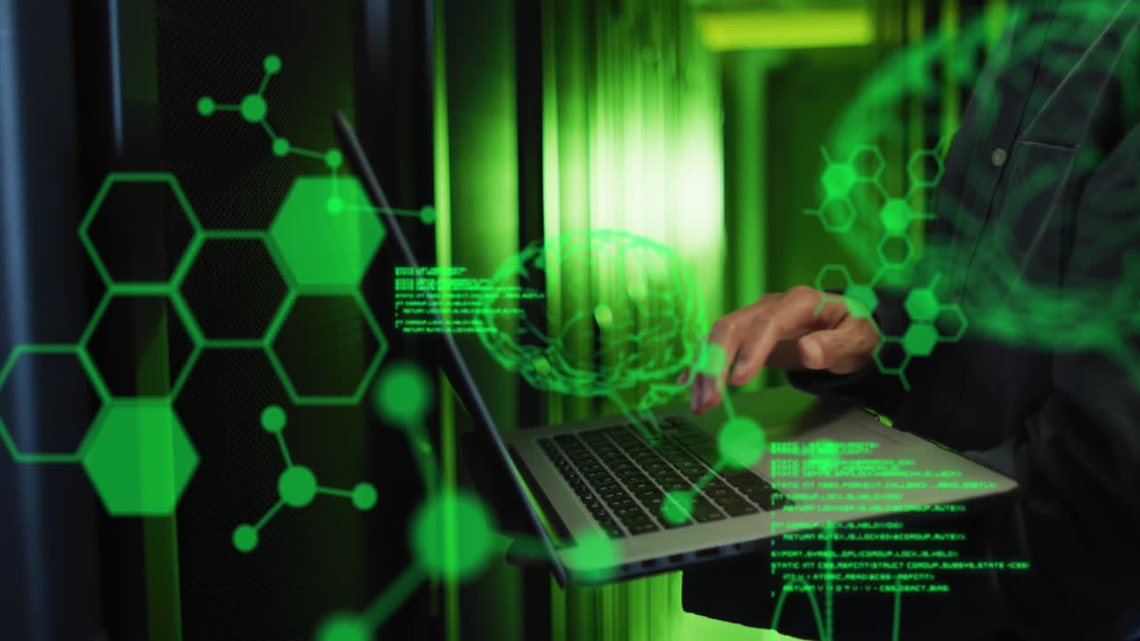 animación del procesamiento de datos médicos en la sección media de un ingeniero masculino usando una computadora portátil en la sala de servidores.