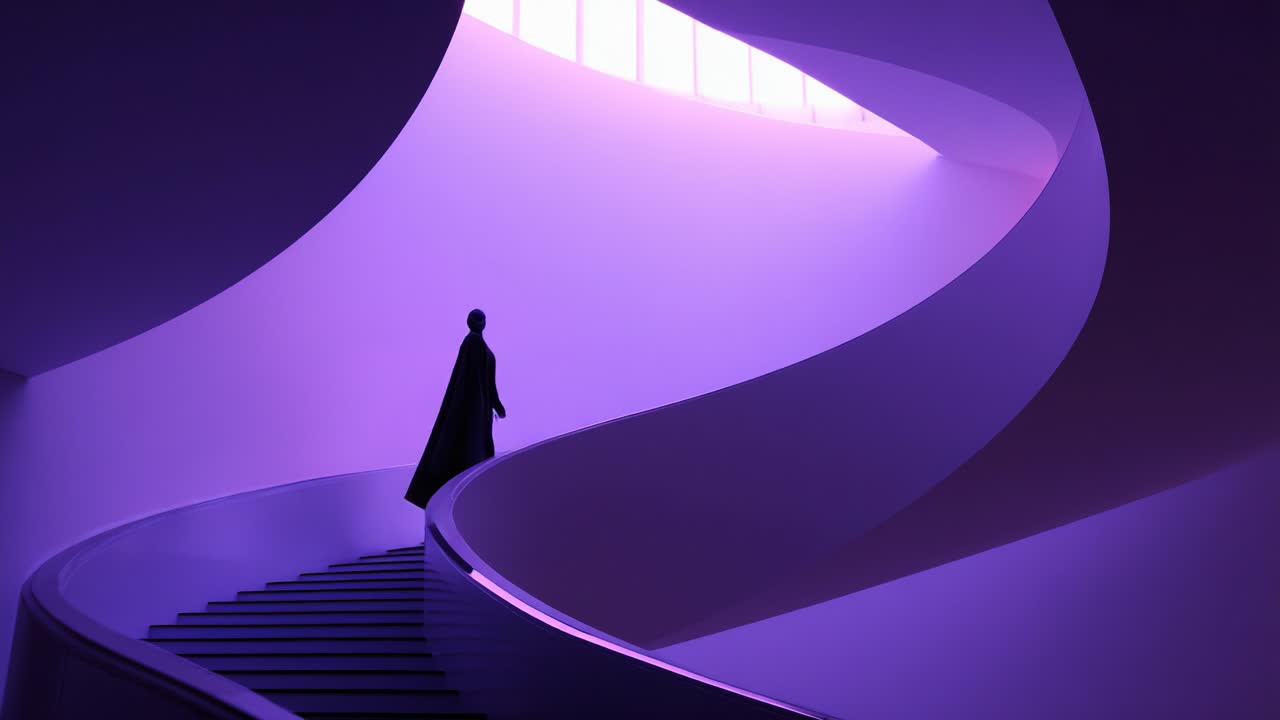 A Mysterious Figure Ascends a Sculptural Staircase Bathed in Ethereal Purple Light, Evoking a Sense of Serenity and Intrigue in a Futuristic Environment
