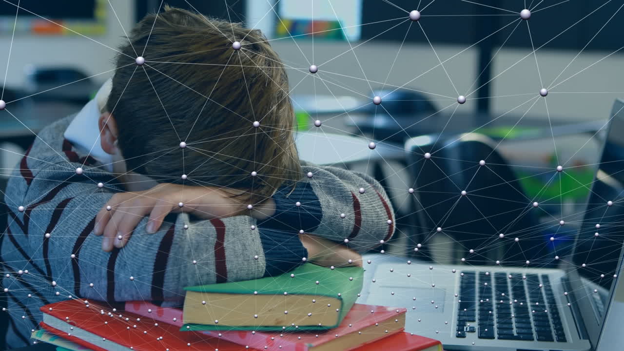 animación de la red de conexiones sobre el escolar caucásico en el aula
