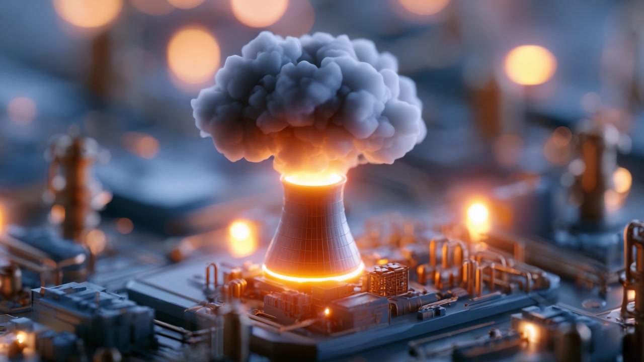 A dramatic representation of a nuclear reactor emitting a large smoke plume, set against a backdrop of an intricate electronic circuit design, illustrating the intersection of technology and energy.