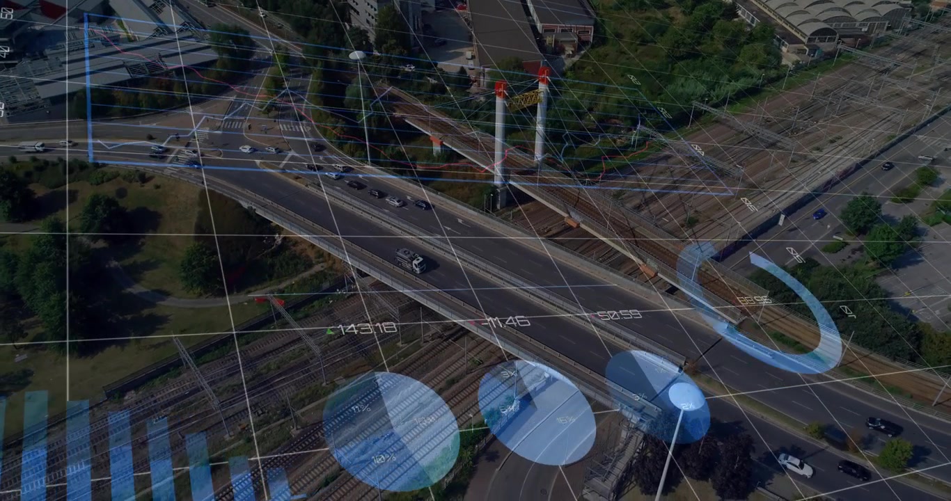 Diagonal highway bridge carrying low traffic, grid overlay appearing, markers sweeping to show flow