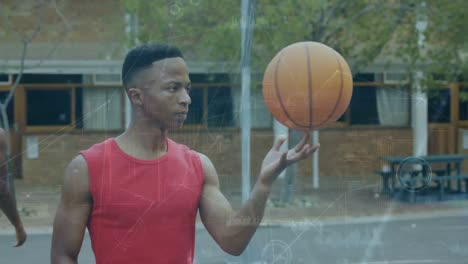 animation of network of connections over african american male basketball player