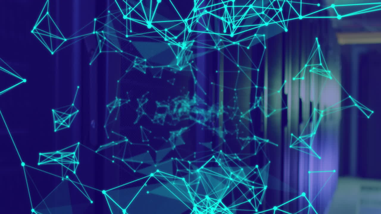 Animation of networks of connections over tech room with computer servers