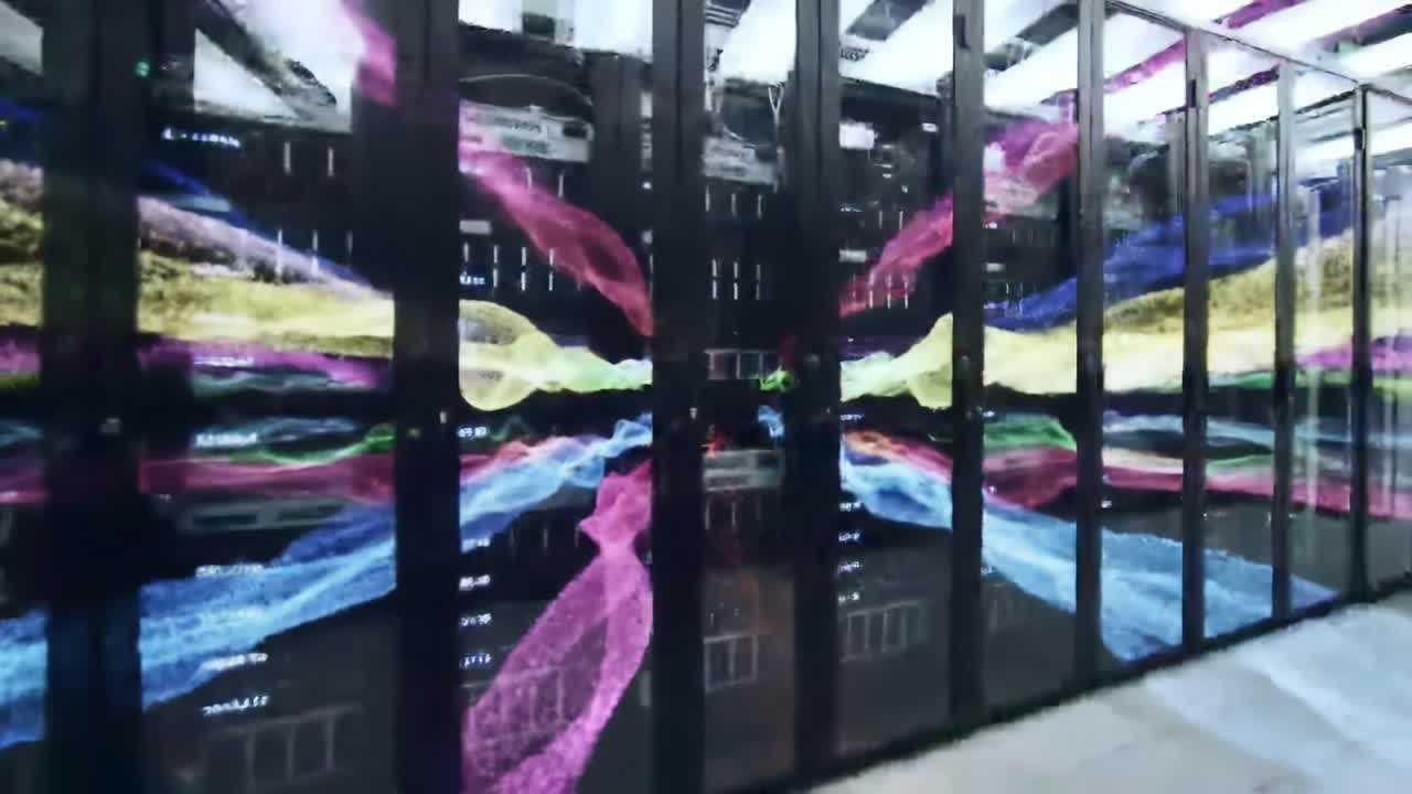 A tour of a cutting-edge data center showcasing rows of sleek servers adorned with vibrant graphical representations. This facility highlights current trends in technology and data management.