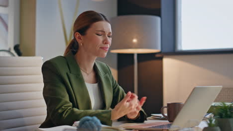 upset lady reacting fail at light workplace interior closeup. disappointed woman