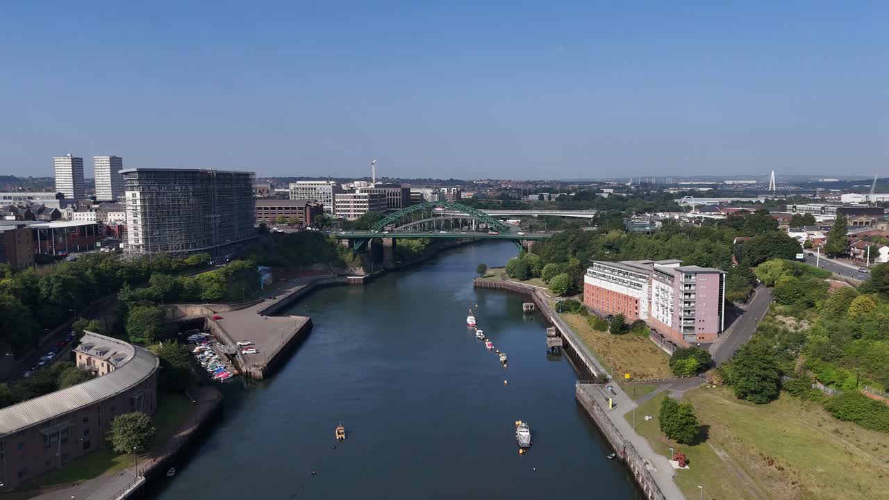 Aerial drone view of Sunderland north east england uk tyne and wear wearside river early morning stadium of light monkwearmouth bridge