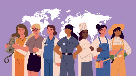 group of female workers and earth maps