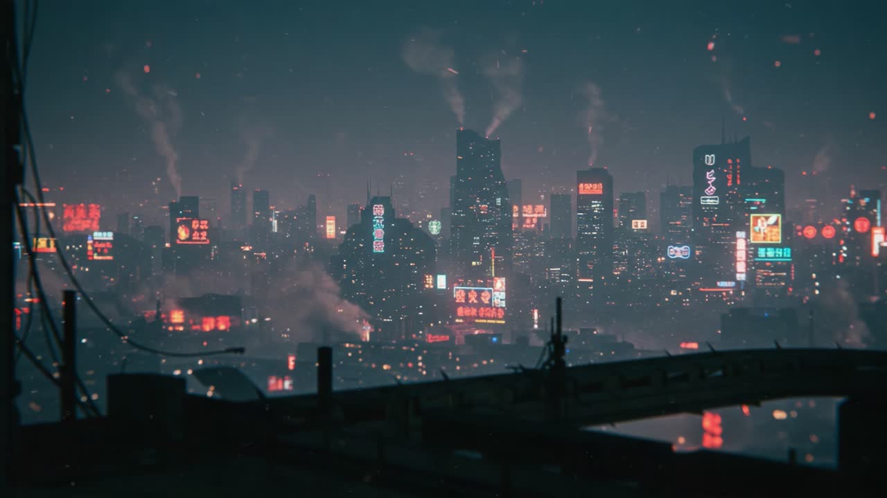 A stunning nightscape showcases a sprawling, futuristic urban city with vibrant neon lights and a smoky skyline, capturing the essence of modern urban life and technology